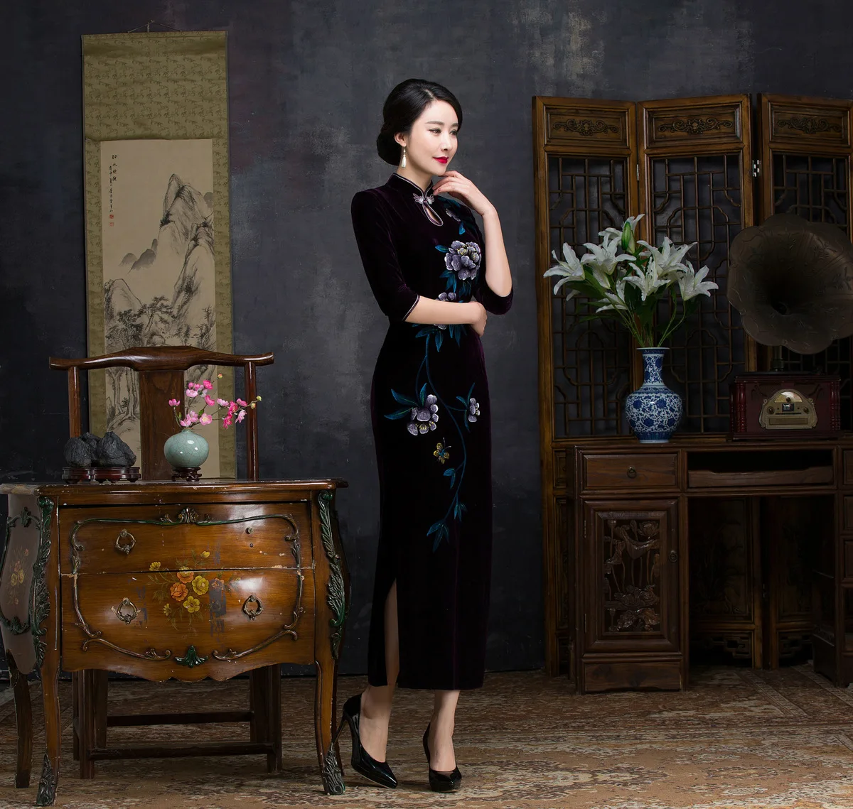 Ретро Халат Традиционный китайский костюм для женщин принт Cheongsam Qipao платья Повседневное современное велюровое платье