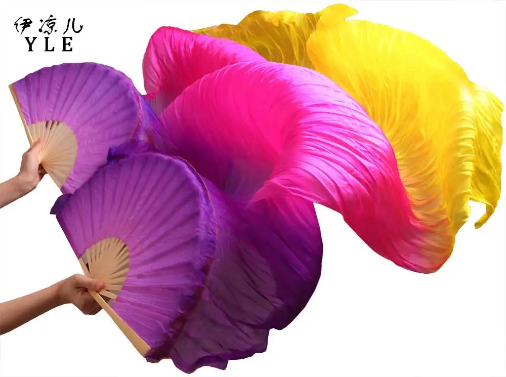 Шелковые спицы из бамбука длинные вентиляторы 1 пара левая+ правая ручная работа Окрашенные Шелковые Поклонники танца живота фиолетовый+ розовый+ желтый 180x90 см вентиляторы