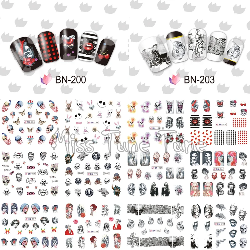 

12 Halloween Skulls Styles Large Nail Art Water Transfer Nail Stickers Decal Demon Alluring Woman