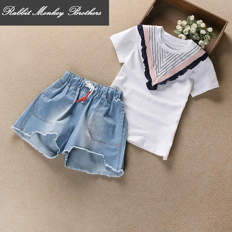 

Girls set Summer new children college stlye cotton short-sleeved T-shirt denim Shorts pants two pieces set for girls big child