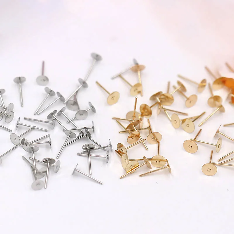 

100pcs Metal Blank Earring Stud Base Fit 4 5 6 10mm Gold and Silver Tone Earring Post Flat Base Pins Settings DIY Jewelry Making
