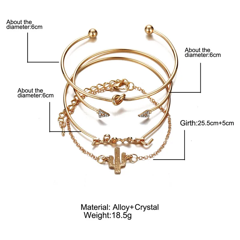 4 шт./компл. модные укладки любовь Треугольники кактус узел Браслеты браслеты для Для женщин минималистский геометрический Браслет манжета комплект ювелирных изделий