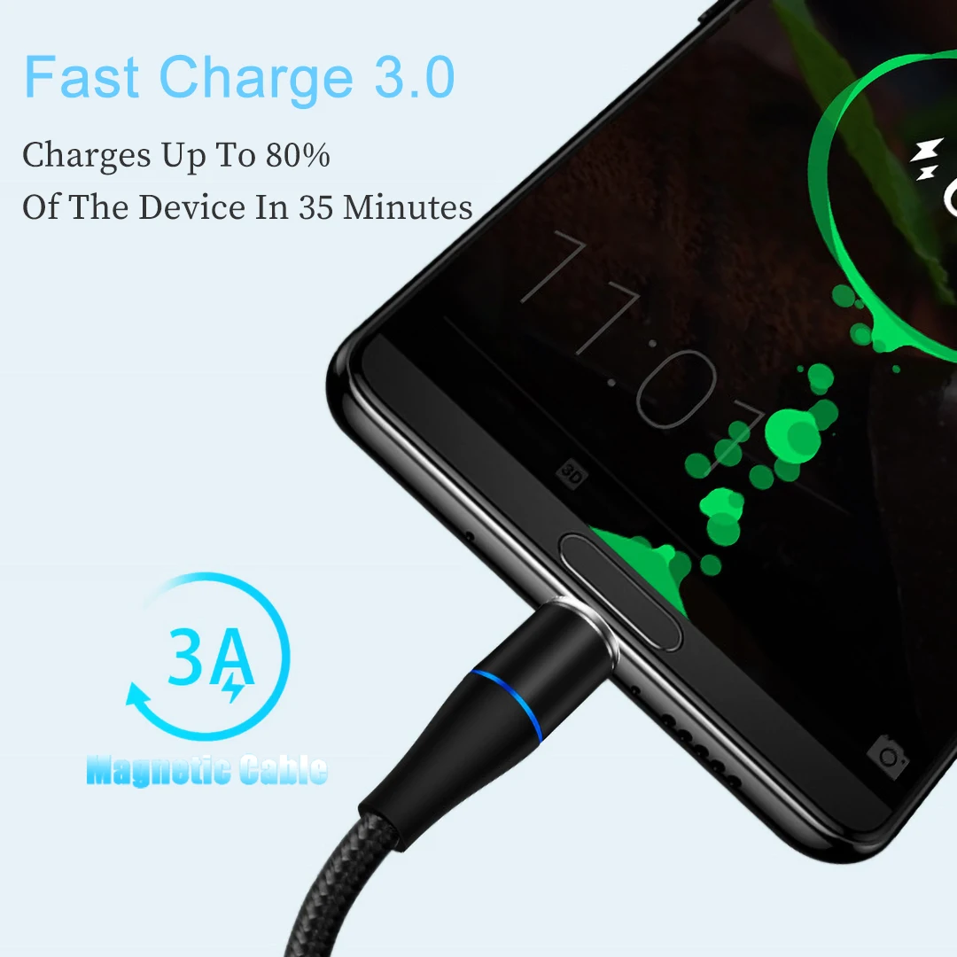 Магнитный USB кабель Micro usb type C для iPhone 7 3A кабели быстрой зарядки для Xiaomi MI9 8 Android Phone QC 3,0 провод зарядного устройства