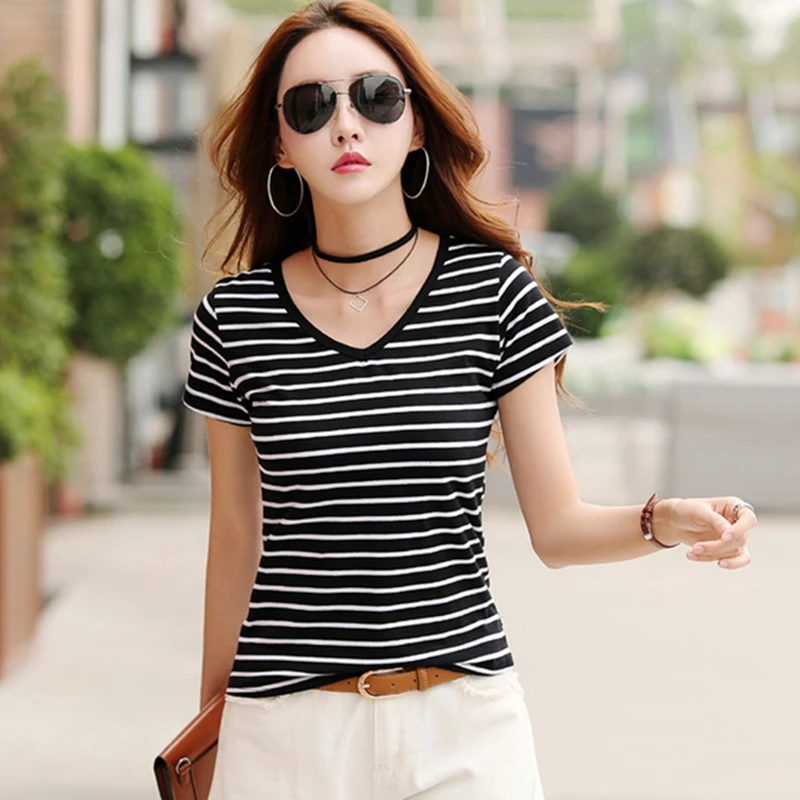 

Soperwillton Women T-Shirt 2018 Summer Tops Shirts Striped Casual tshirts Plus Size Cotton Femme Women's feminina Tees A111