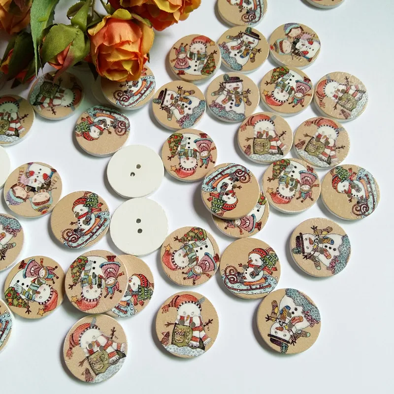 50pcs/lot Painting Christmas series buttons DIY sewing home textile Round 2 Holes wooden button 25 mm Mix Design 4