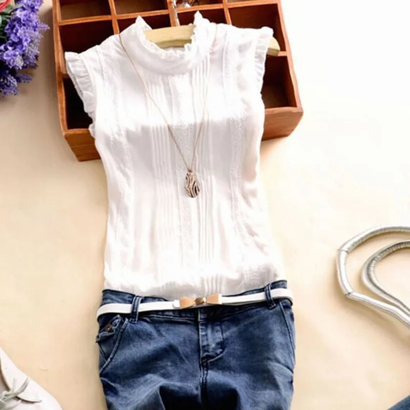 

Office Lady Casual Summer Blouse Top Retro Women Reffle Shirt Chiffon Blouse S-XL