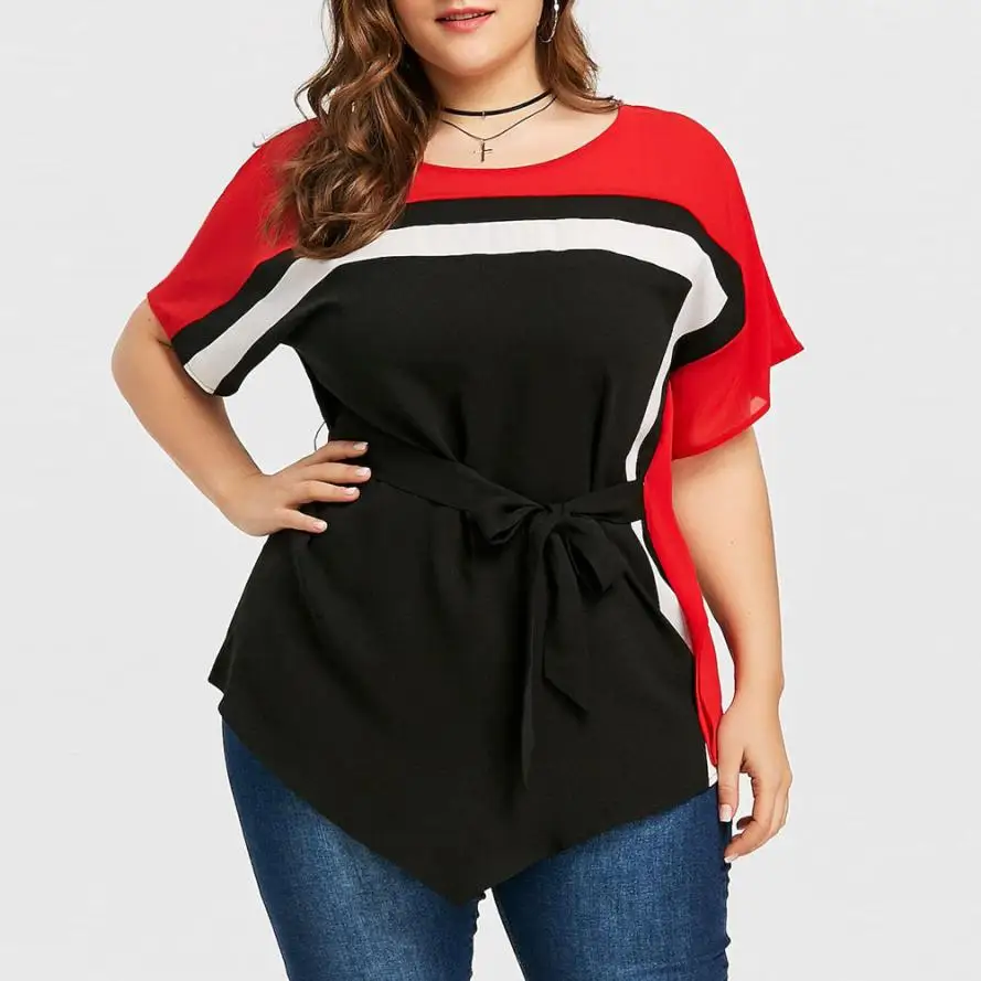 

Fashion Womens Plus Size Batwing Sleeve Tie Belt Asymmetric T-shirt Tops Bat sleeve stitching belt top