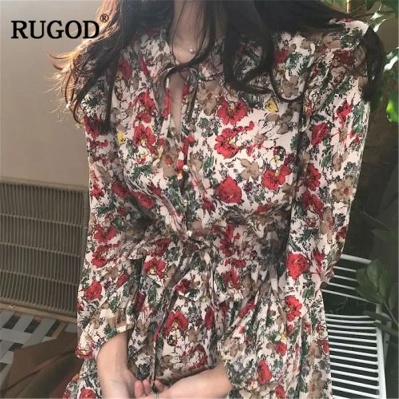 Женское винтажное платье с цветочным принтом RUGOD элегантное длинным рукавом и О