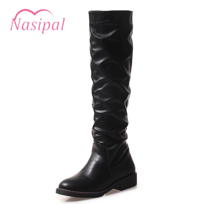 Nasipal Knee High Motorcycle Boots Ladies Low Chunky Square Heel Round