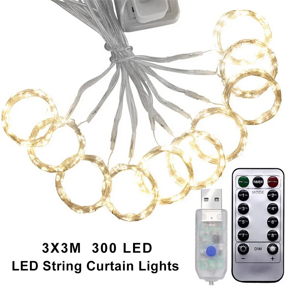 3Mx3M 300 LED USB Powered LED Curtain Light Copper Wire LED String