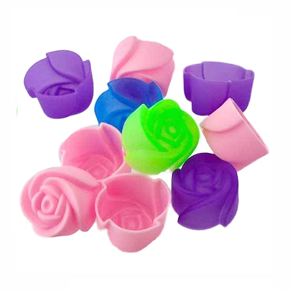 

RODE 10pcs Cake Baking Mold Chocolate Jelly Maker Mould Silicone Rose Muffin Cookie Cup (Random Colors)