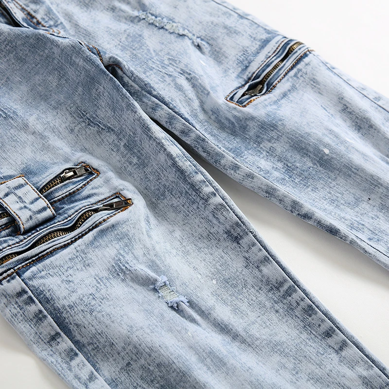 Gersri Для Мужчин 'S рваные Узкие молнии Slim Fit байкерские джинсы стретч брюки мыть