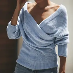 Сексуальная V шеи Cross вязаный свитер Для женщин пуловер выдалбливают 2018 зимние свитера спинки уличной джемпер
