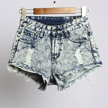 

2019 European and American BF summer wind female blue high waist denim shorts women worn loose burr hole jeans shorts
