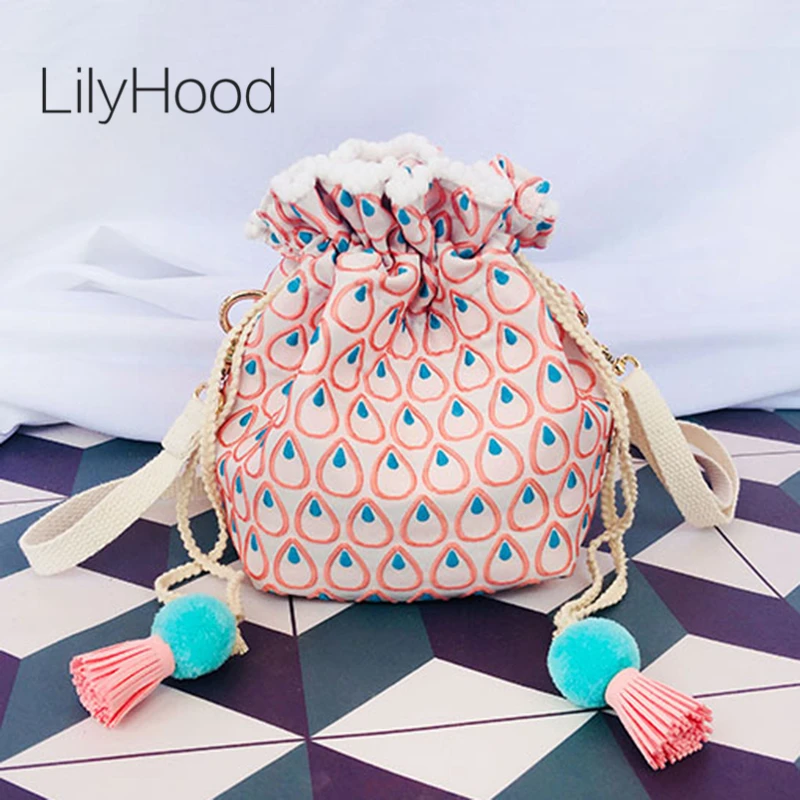 

LilyHood Women Cotton Cute Bucket Shoulder Bag Handmade Casual Summer Macaroon Candy Color Pom Pom Small Fabric Crossboby Bag