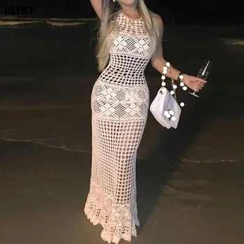 

IASKY 2019 Crochet White Knitted Beach Cover up Long dress sexy women Hollow Out Bikinis Swimsuit Cover ups Robe Plage Beachwear