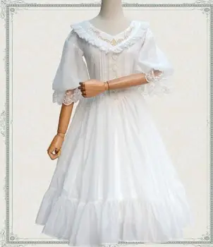 

2016 New Classic Lolita Dress Sweet V Neck Embroidered Half Sleeve Chiffon Dress for Women Black/White