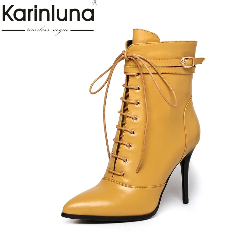 

KarinLuna 2018 Big Size 33-43 Full Grain Leather Pointed Toe Women Boots Sexy Zip Up Woman Shoes Thin High Heels Ankle Boots
