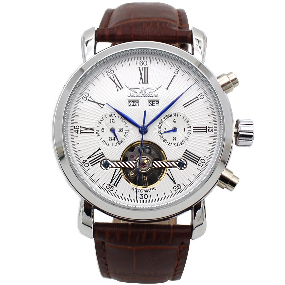 JARAGAR Big Dial Complete Calendar Men s Watch Leather Strap Mechanical Wristwatch Male Clock Relojes Hombre