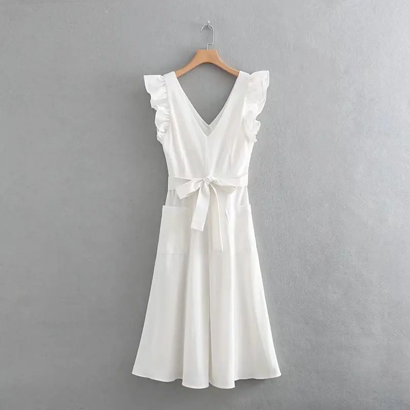 QZ3309 Европейское модное белое платье с v-образным вырезом и оборками на рукавах с бантом на поясе, женские элегантные летние платья для отпуска vestidos - Цвет: Белый
