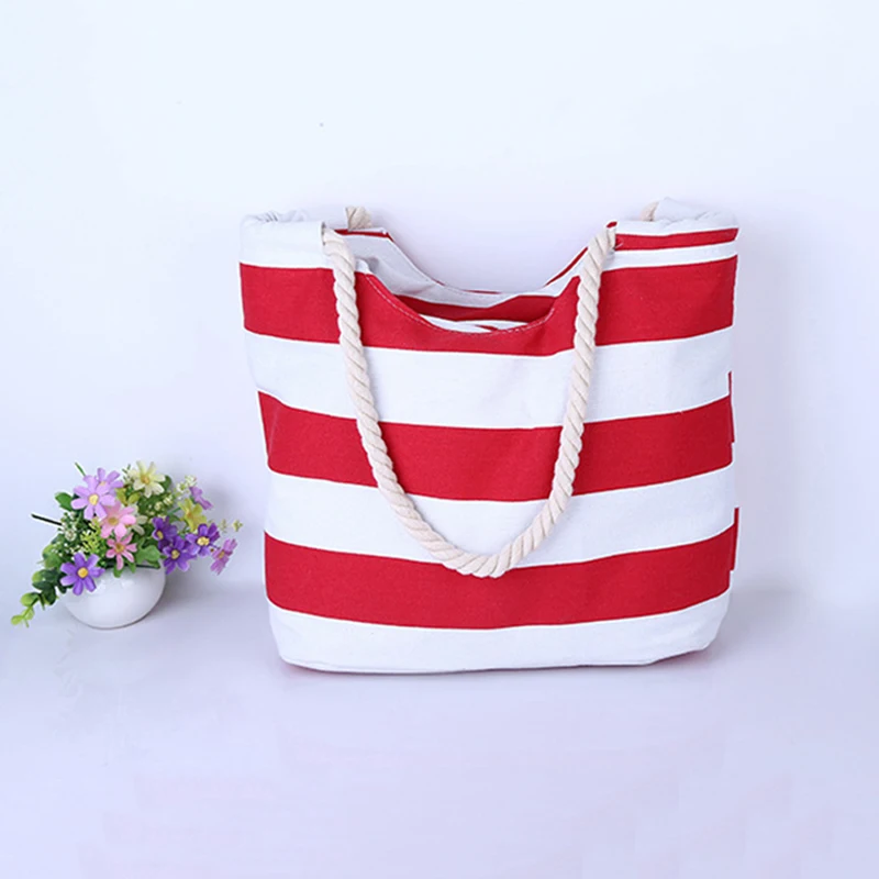 

4PCS / LOT Women Large Beach Canvas Bag Stripes Printing Handbags Red Summer Shoulder Bag Totes Casual Shopping Bags