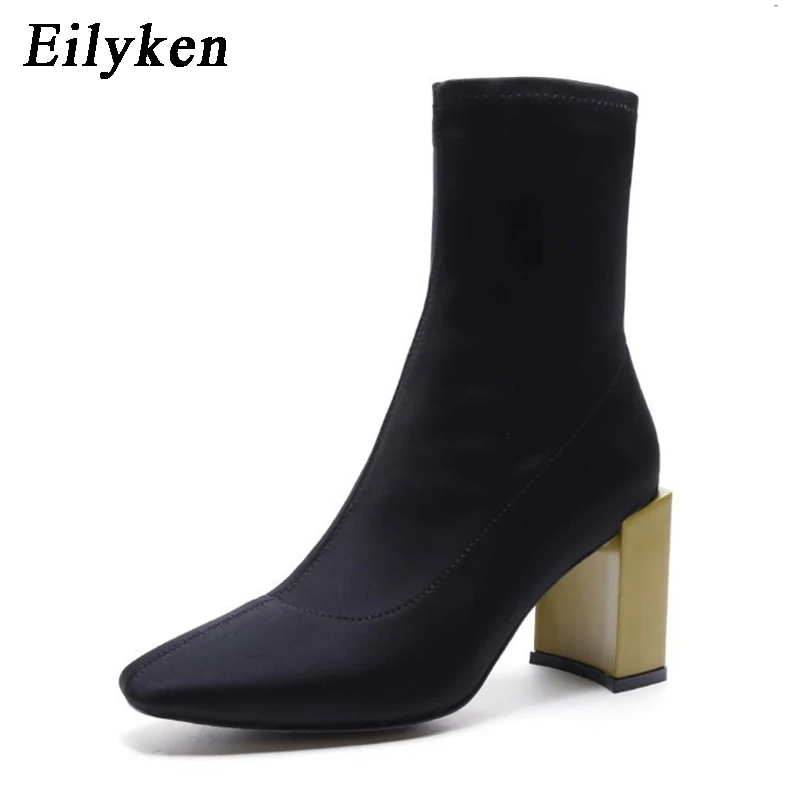 

Eilyken Fashion Ankle Stretch Fabric Sock Boots Chunky High Heels Stretch Women Winter Sexy Chelsea Boots Square Toe Women Pumps