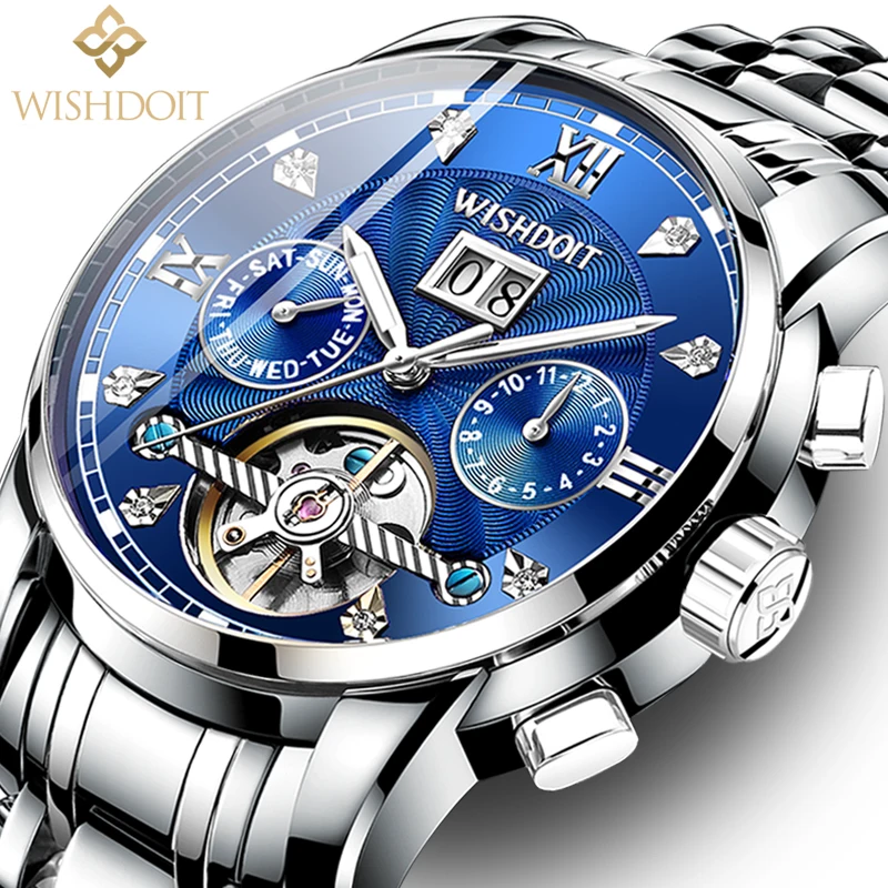 أعلى الفاخرة العلامة التجارية WISHDOIT 2019 جديد رجل الساعات الفضة الأزرق الميكانيكية ووتش الصلب الكامل للماء الرياضة ساعة Relogio Masculino