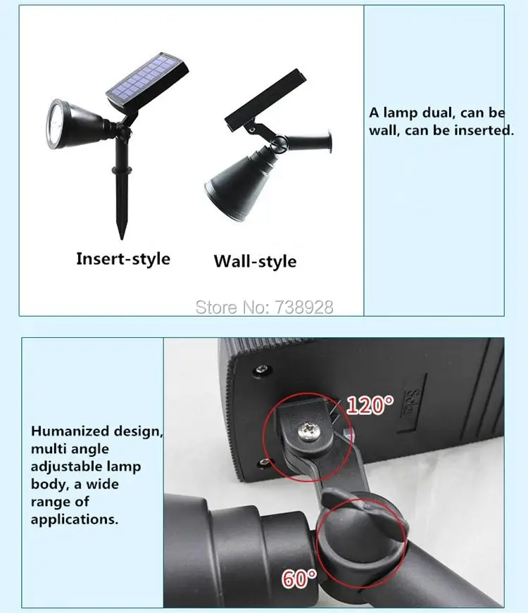 Solares de Três Preto à Prova Água ao ar Holofotes Modos Dwaterproof Livre Jardim Parede Cerca Lâmpada Montagem Pólo Gramado Paisagem Emergência Luminaria 9 solar spotlight