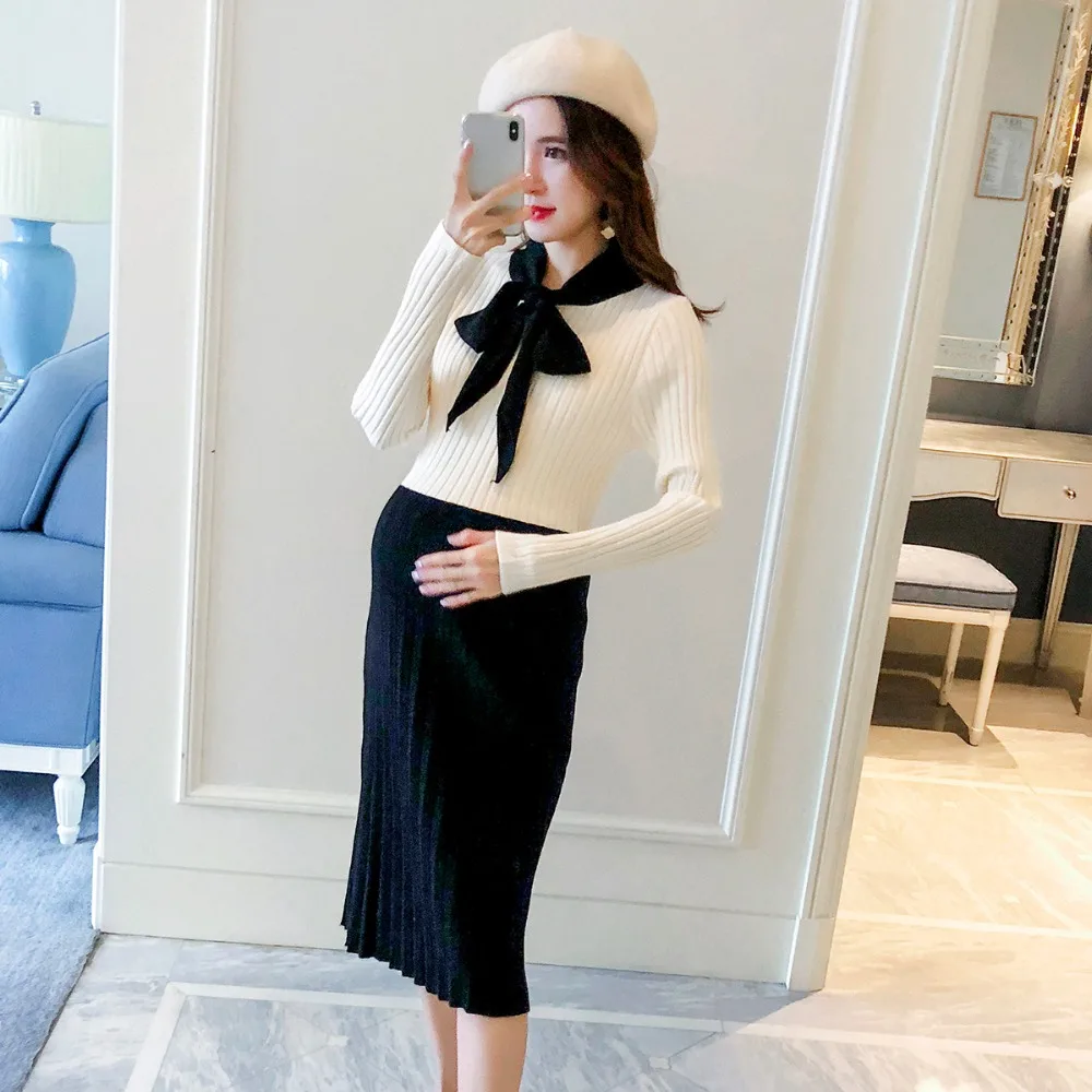 

Pregnant women autumn shirt fashion models 2018 new spell color loose knit sweater dress Korean Maternity