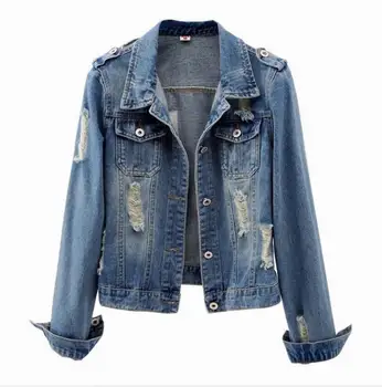 

Short Slim Women's Jacket 2019 New Year's Autumn Denim Jacket Holes Large Size Denim