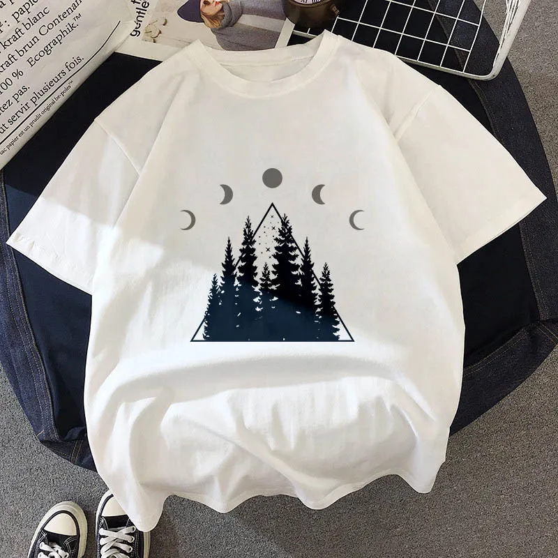 Новая футболка с принтом «Темный лес» и надписью «universe faith Harajuku», женская футболка с круглым вырезом и коротким рукавом, белые топы, женская одежда - Цвет: 304