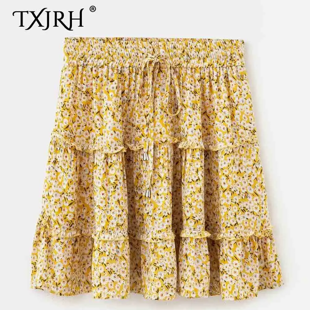 Txjrh соблазнительный богемный этнический желтый цветочный принт оборками короткая юбка винтажная шнуровка эластичная талия качели плиссированные мини-юбки