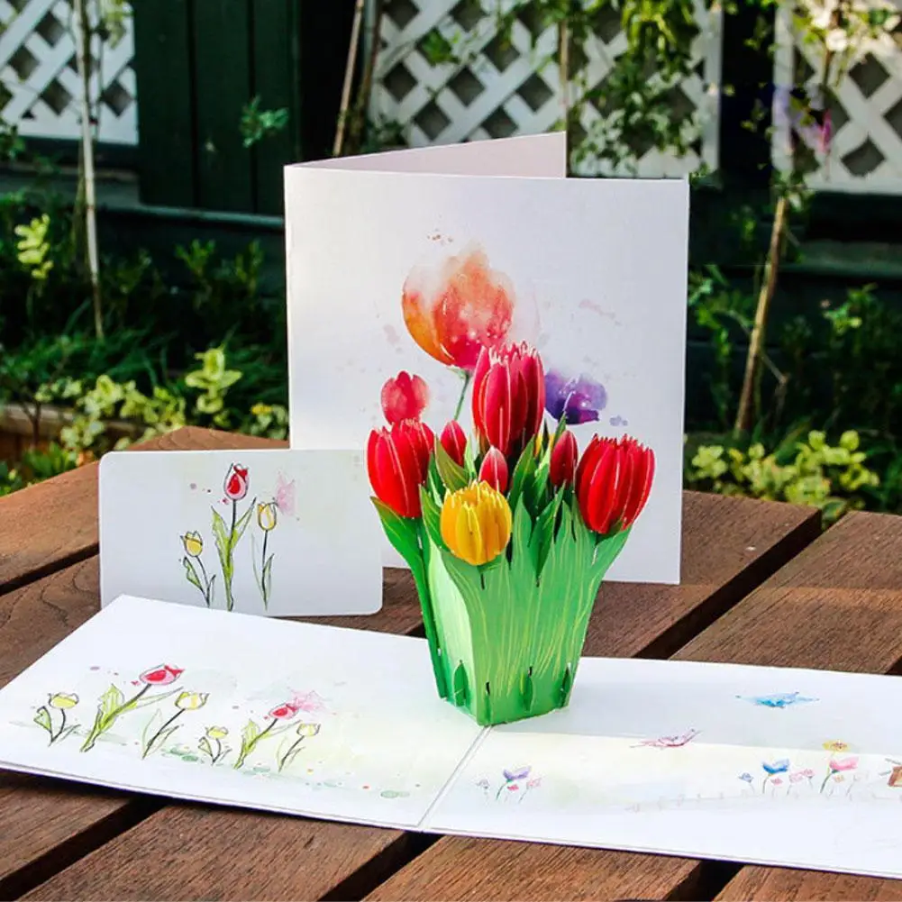  Creative 3D Up Tulips Flowers Greeting Card Christmas Birthday New Year Invitation Drop shipping - 32903940674