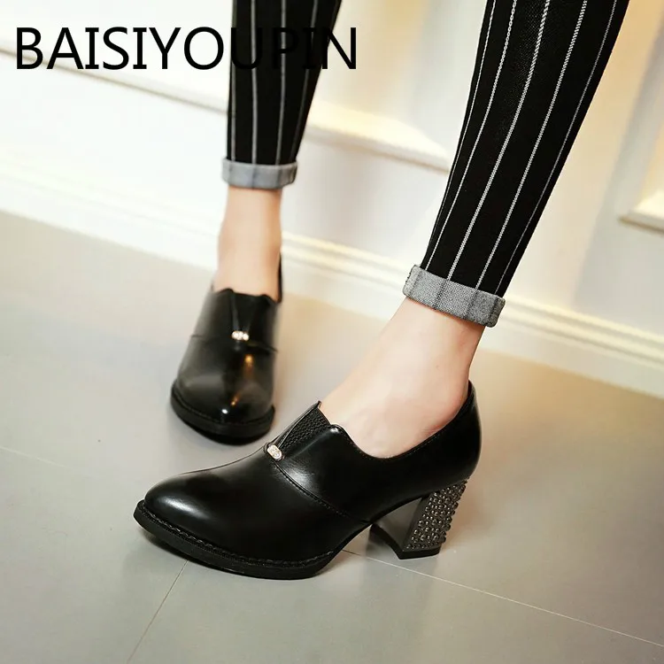 Женские кожаные туфли на толстом каблуке большие размеры 32/43/47/48|high heels shoes woman|high