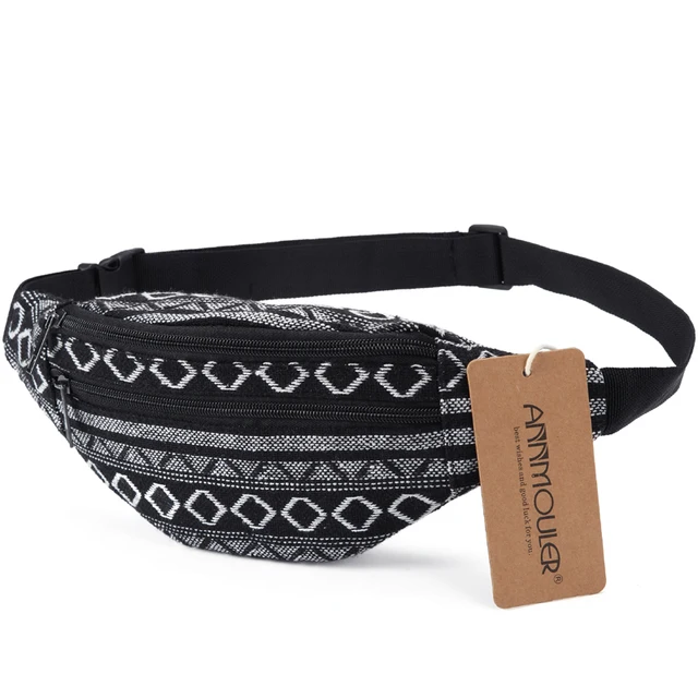 Annmouler New Women Fanny Pack 8 Colors Fabric Waist Packs Bohemian Style Waist Bag 2 Pocket Waist Belt Bag Travel Phone Pouch 5