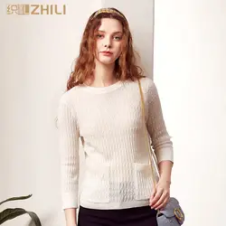 Женский пуловер ZHILI, тонкий вязаный свитер с карманами