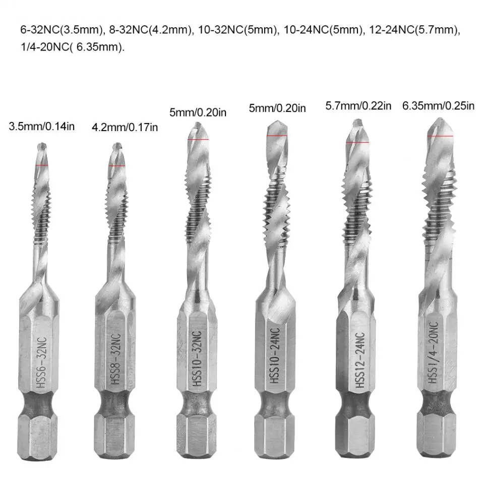 6 шт. HSS краны сверла 1/4in шестигранным хвостовиком Комбинации Метчик сверло набор Аппаратные средства