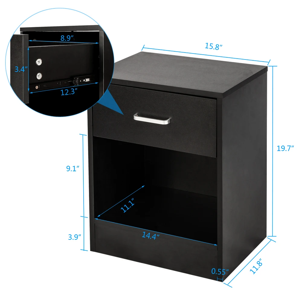 2pcs Night Stand With Drawer Bedside End Table Black Modern Organizer Bedroom Furniture Density Board Nightstand 2pcs Night Stand With Drawer Bedside End Table Black Modern Organizer Bedroom Furniture Density Board Nightstand