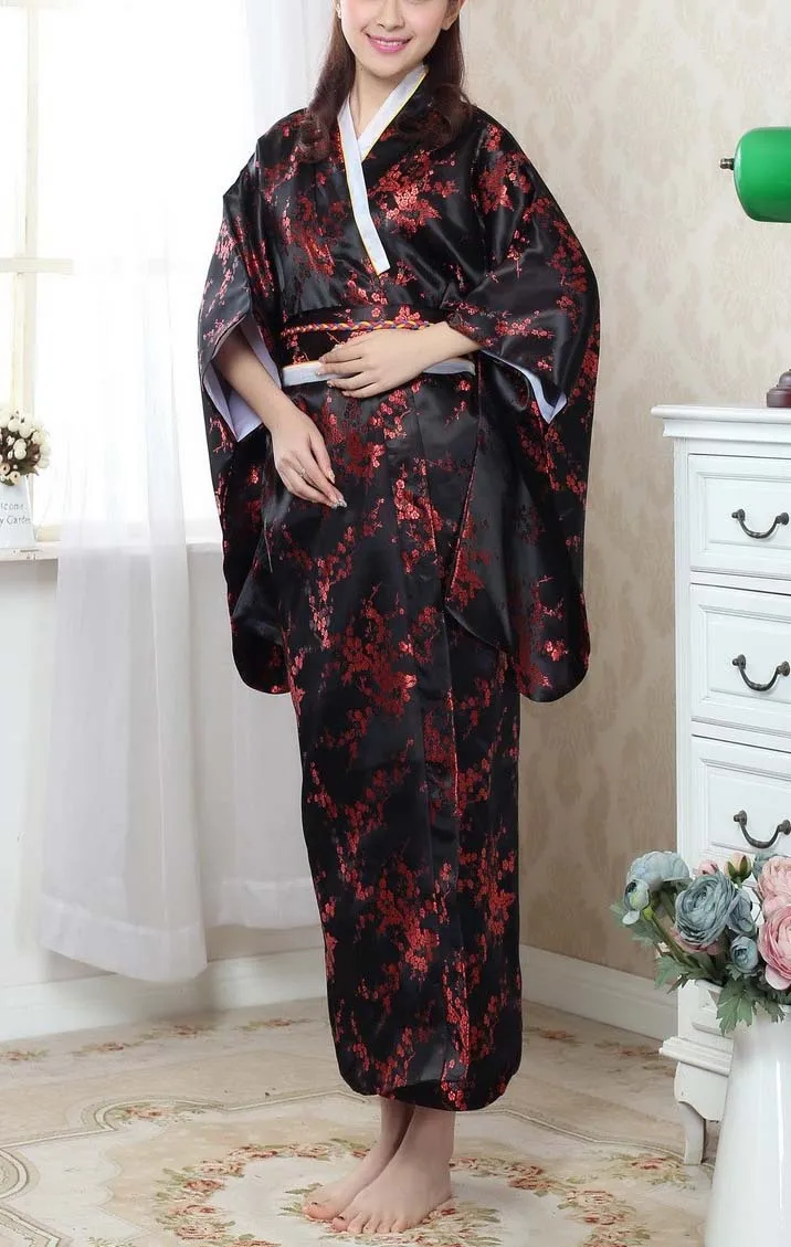 Новое поступление Черное Красное традиционное японское женское шелковое кимоно юката с Obi винтажное платье для танцев для выступлений один размер WK009 - Цвет: Black Red