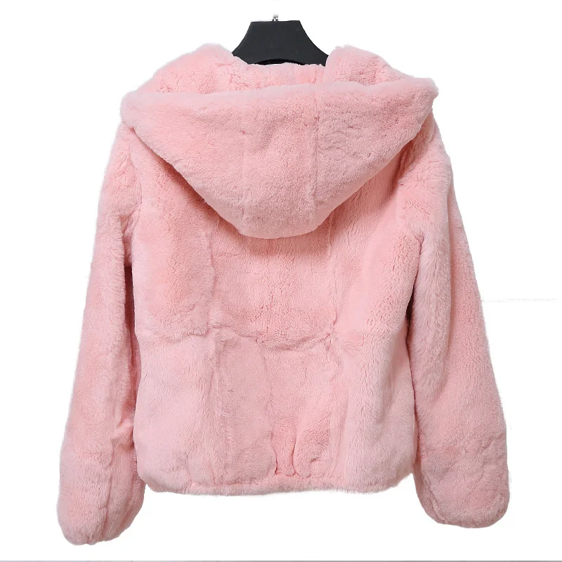 2018 Autumn winter natural rex rabbit fur coats outerwear women long sleeved real fur jackets woman short warm coat with hood