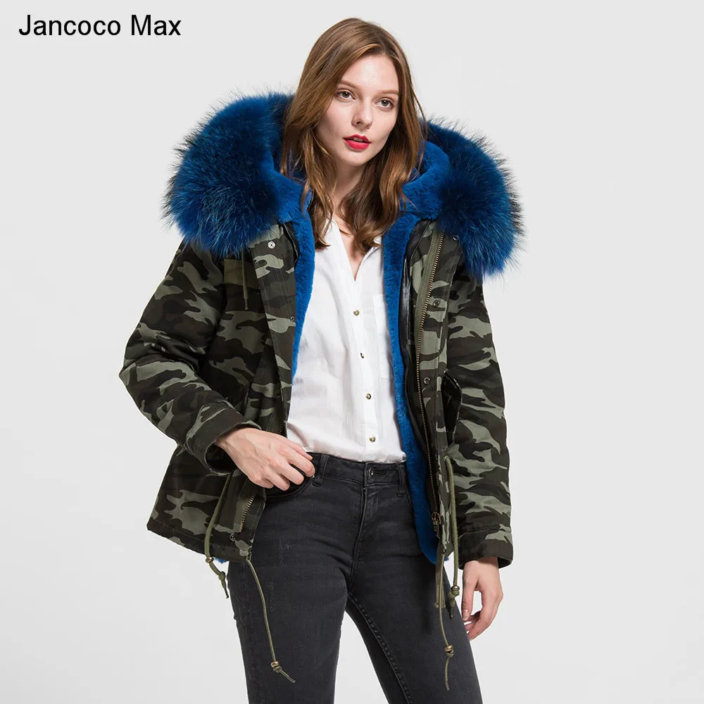 

Jancoco Max Camouflage Parker Jacket Detachable Genuine Raccoon Large Collar Trim Winter Top Warm Fur Lined Hooded Coats S1737