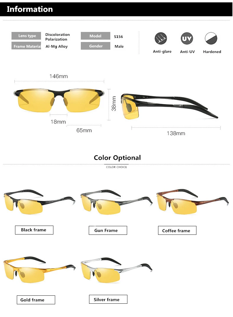 Al-Mg сплав фотохромные линзы поляризованные мужские день и ночное видение вождения солнцезащитные очки, антибликовые мужские водительские солнцезащитные очки S156