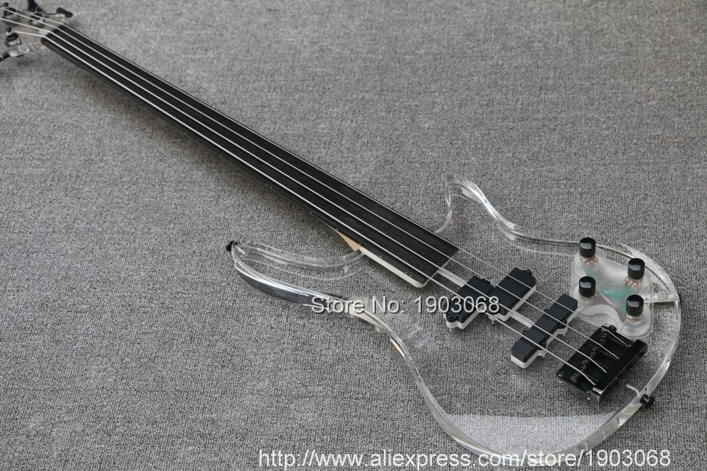 Высокое качество палисандр Fretless бас, 4 струнная электрическая бас гитара прозрачный акриловый корпус и голова, корпус, черная фурнитура