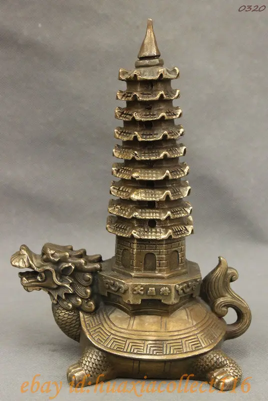 

8 FengShui Chinese Copper Dragon Seed Turtle Carrying Pagoda BaXia Bronze Statue Medicine copper Decoration real Brass