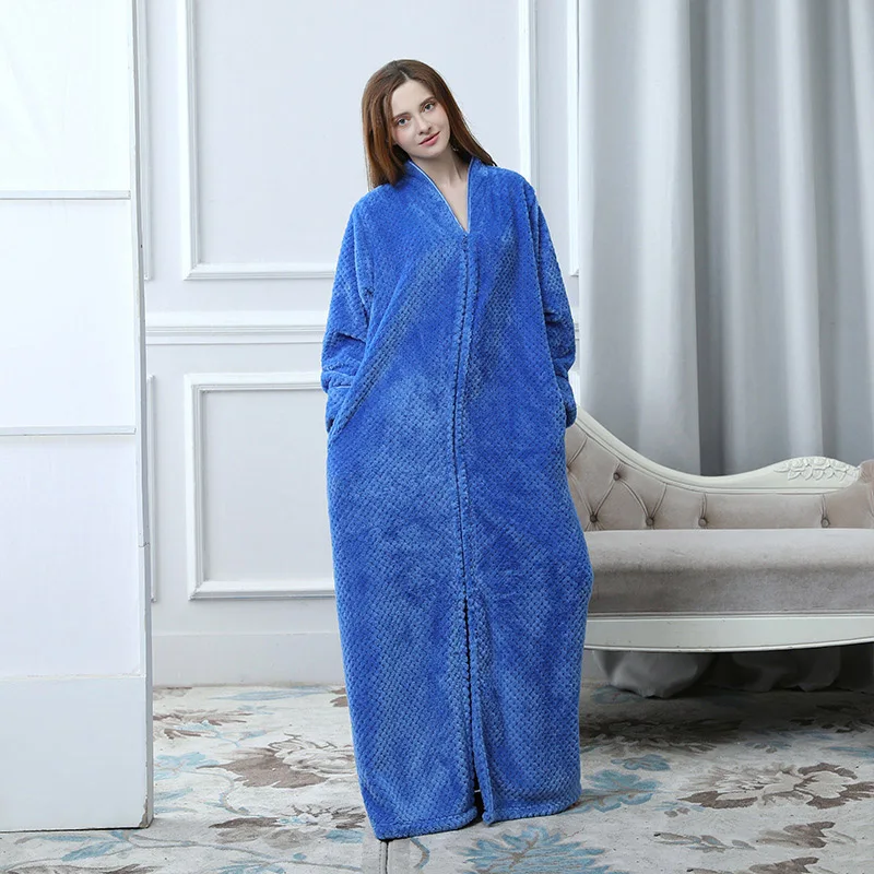Женское банное платье на молнии, банное полотенце, банный халат, пижамы для девочек, супер впитывающее банное платье, зимнее плотное банное полотенце - Цвет: Blue for Girl
