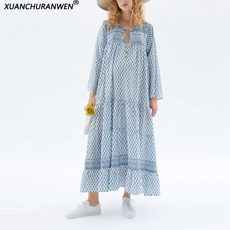 

Summer Women Vacation Long Dress Lace Up Tassel A-line Tassel Maxi Vintage Printed Patchwork Party Dress WB9405