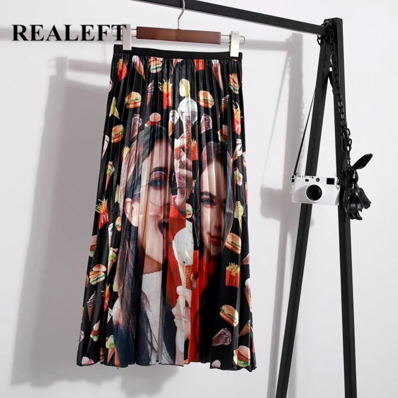 

REALEFT New Arrival Women Cartoon Printed Elegant Pleated Long Skirts High Waist Harajuku Tulle A-Line Mid-Calf Skirts