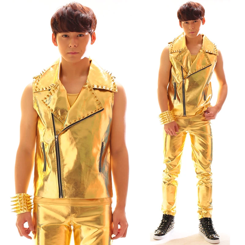Nachtclub Mannlichen Sanger Dj Hip Hop Punk Stil Gold Lederweste Kostum Buhnenkleidung Herren Lederhosen Leather Vest Style Leather Vestcostume Leather Vest Aliexpress