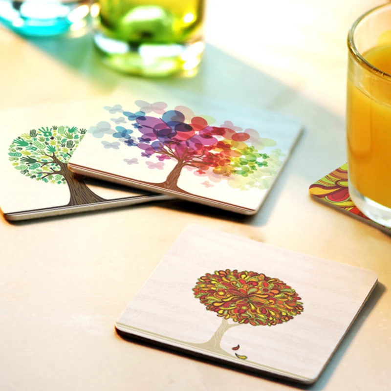 

Creative Square Wooden Coasters Heat Pad Table Mat Coffee Cup Pattern Not-slip Mats Home Mug Decorating V3281