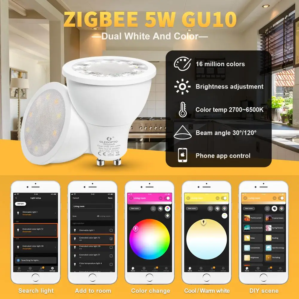 Светодиодный прожектор GLEDOPTO zigbee zll 5 Вт GU10 4 mr16 2700 6500 К|Светодиодные лампы и трубки|